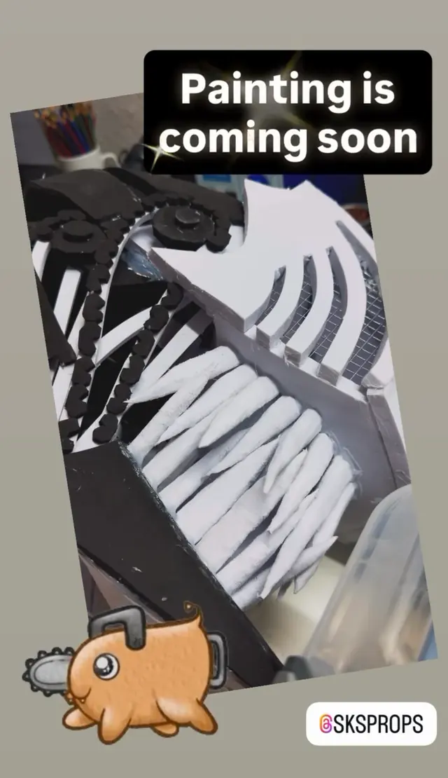 Crafting & Props behind-the-scenes Story from Impossible Pleasure. Chainsaw Man helmet details primed before painting.