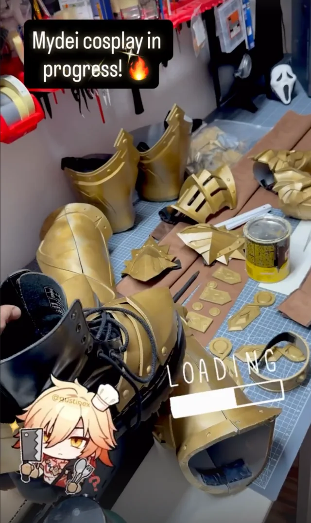 Behind the Work from Impossible Pleasure. Painted Mydei Armor 3D Print components and fittings in progress.