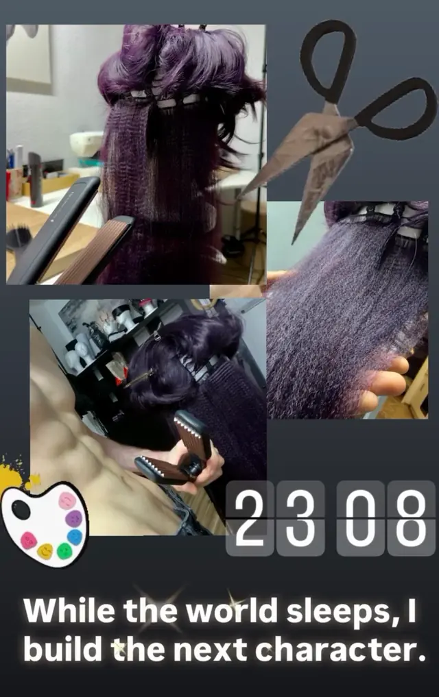 Styling behind-the-scenes Story from Impossible Pleasure. Heat-styling and texturing a dark-purple wig late at night.