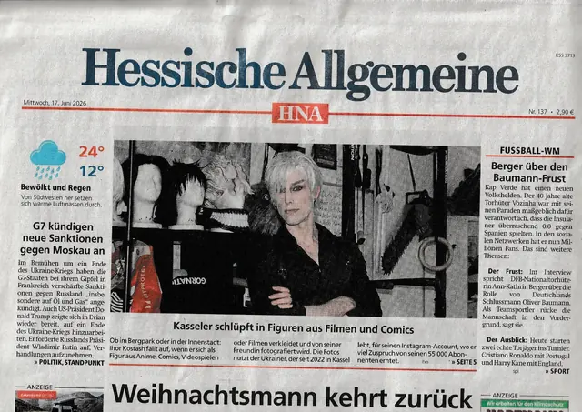 Front page of the Hessische Allgemeine print edition featuring Ihor Kostash and a teaser for the cosplay profile.