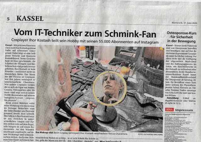 HNA Kassel print page with the feature 'Vom IT-Techniker zum Schmink-Fan' about Ihor Kostash.