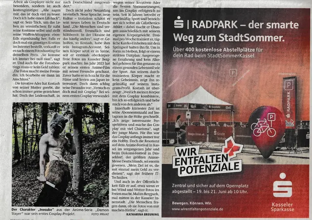 Continuation of the HNA print feature about Ihor Kostash, including a photograph from his first Inosuke cosplay project.