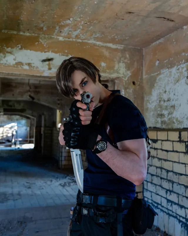 Leon S. Kennedy cosplay portrait in an abandoned building aiming a handgun prop while holding a combat knife, wearing a dark tactical outfit.